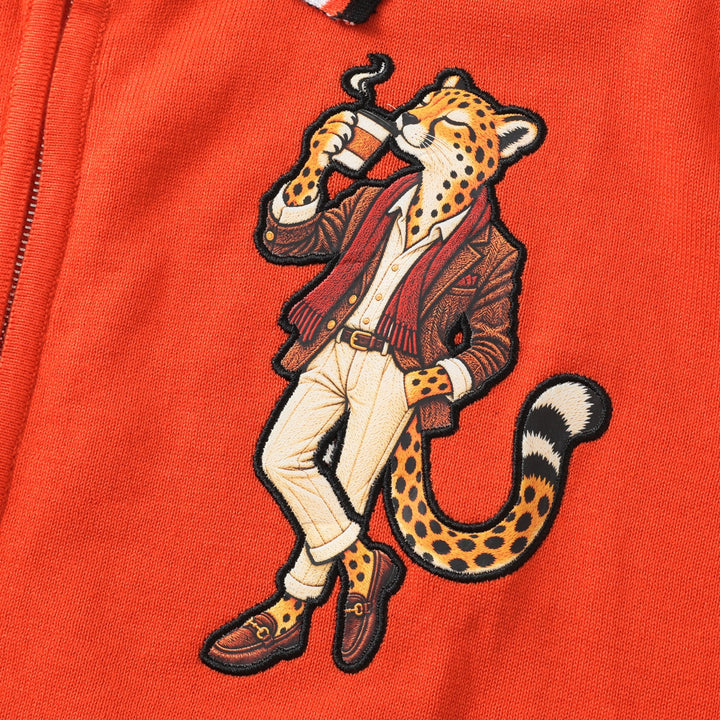 Men's Orange 70s Playful Animal Embroidered Polo Knit Cardigan