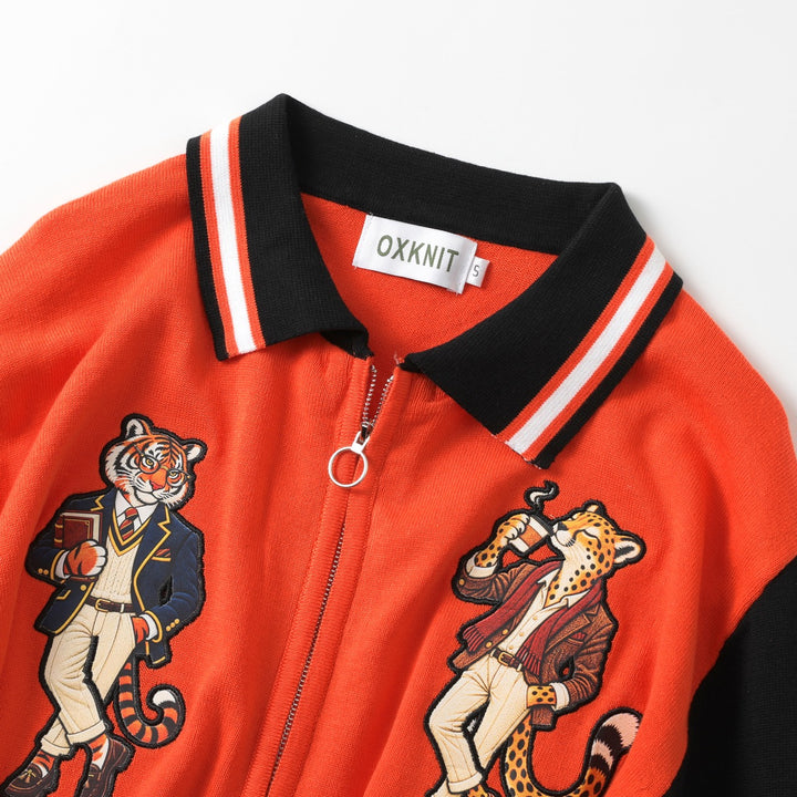 Men's Orange 70s Playful Animal Embroidered Polo Knit Cardigan