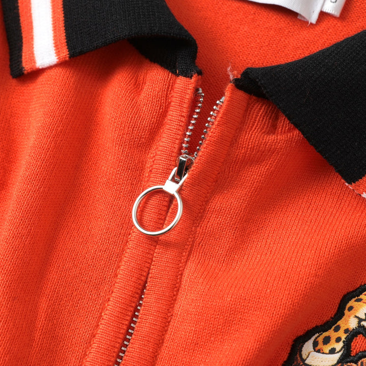 Men's Orange 70s Playful Animal Embroidered Polo Knit Cardigan