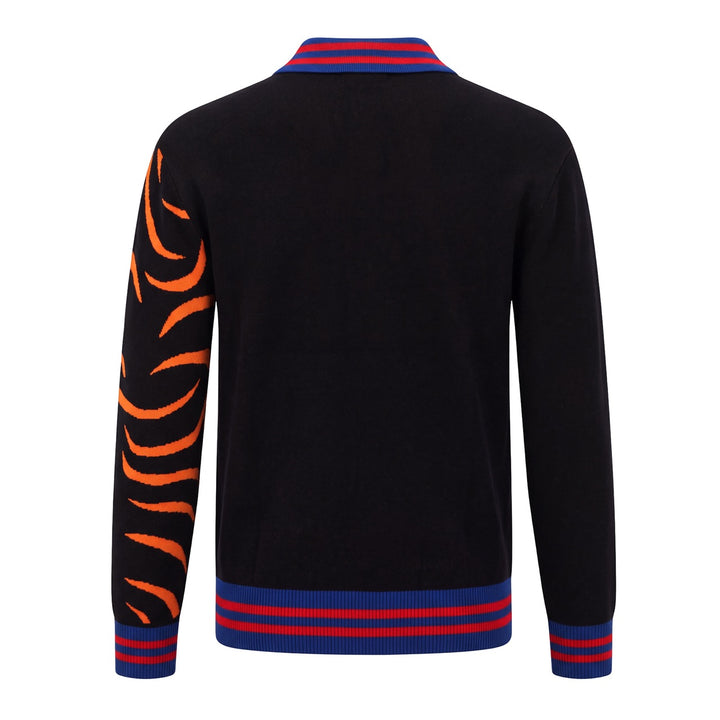 Herre Sort 70-talls Fierce Tiger Kunst Polo Strikket Cardigan