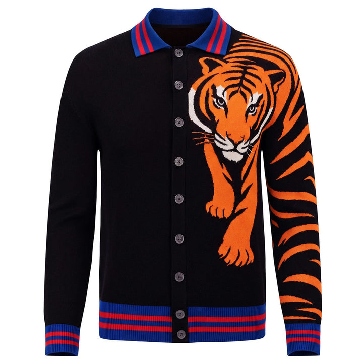 Herre Sort 70-talls Fierce Tiger Kunst Polo Strikket Cardigan