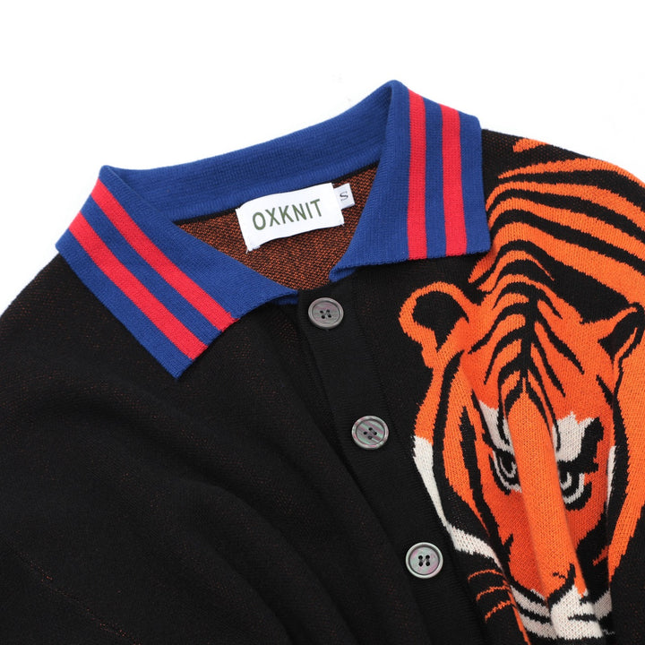 Herre Sort 70-talls Fierce Tiger Kunst Polo Strikket Cardigan