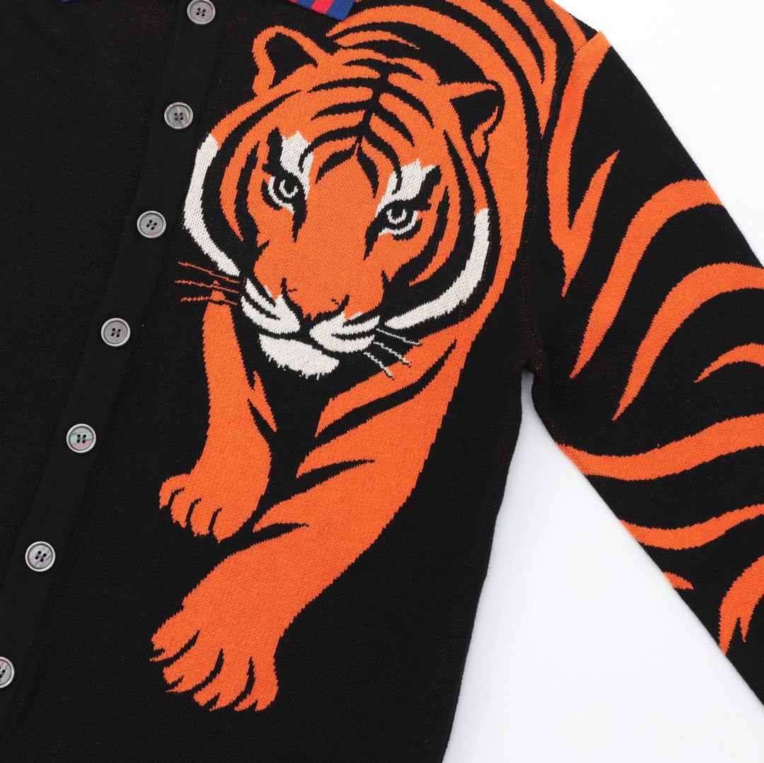 Herre Sort 70-talls Fierce Tiger Kunst Polo Strikket Cardigan