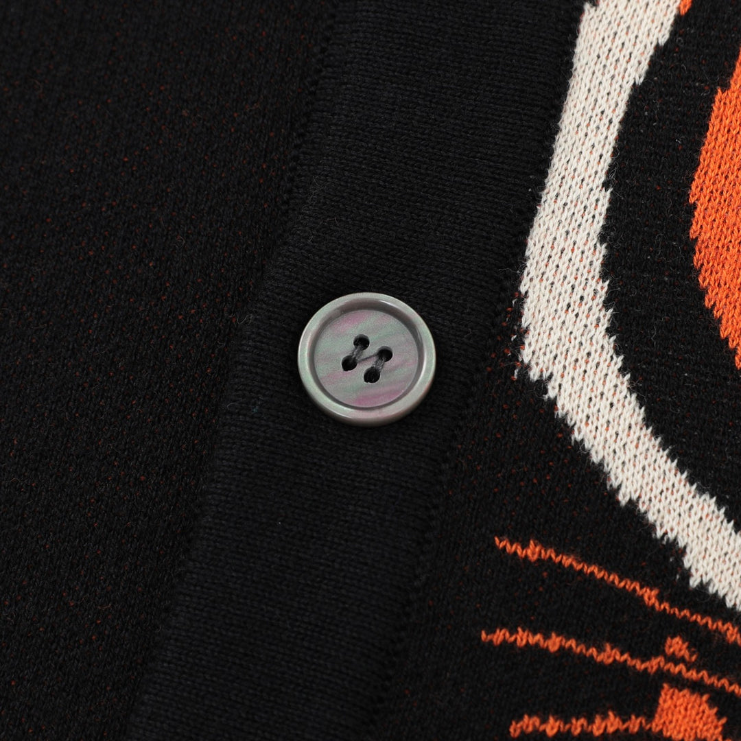 Herre Sort 70-talls Fierce Tiger Kunst Polo Strikket Cardigan