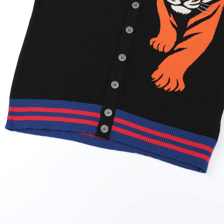 Herre Sort 70-talls Fierce Tiger Kunst Polo Strikket Cardigan