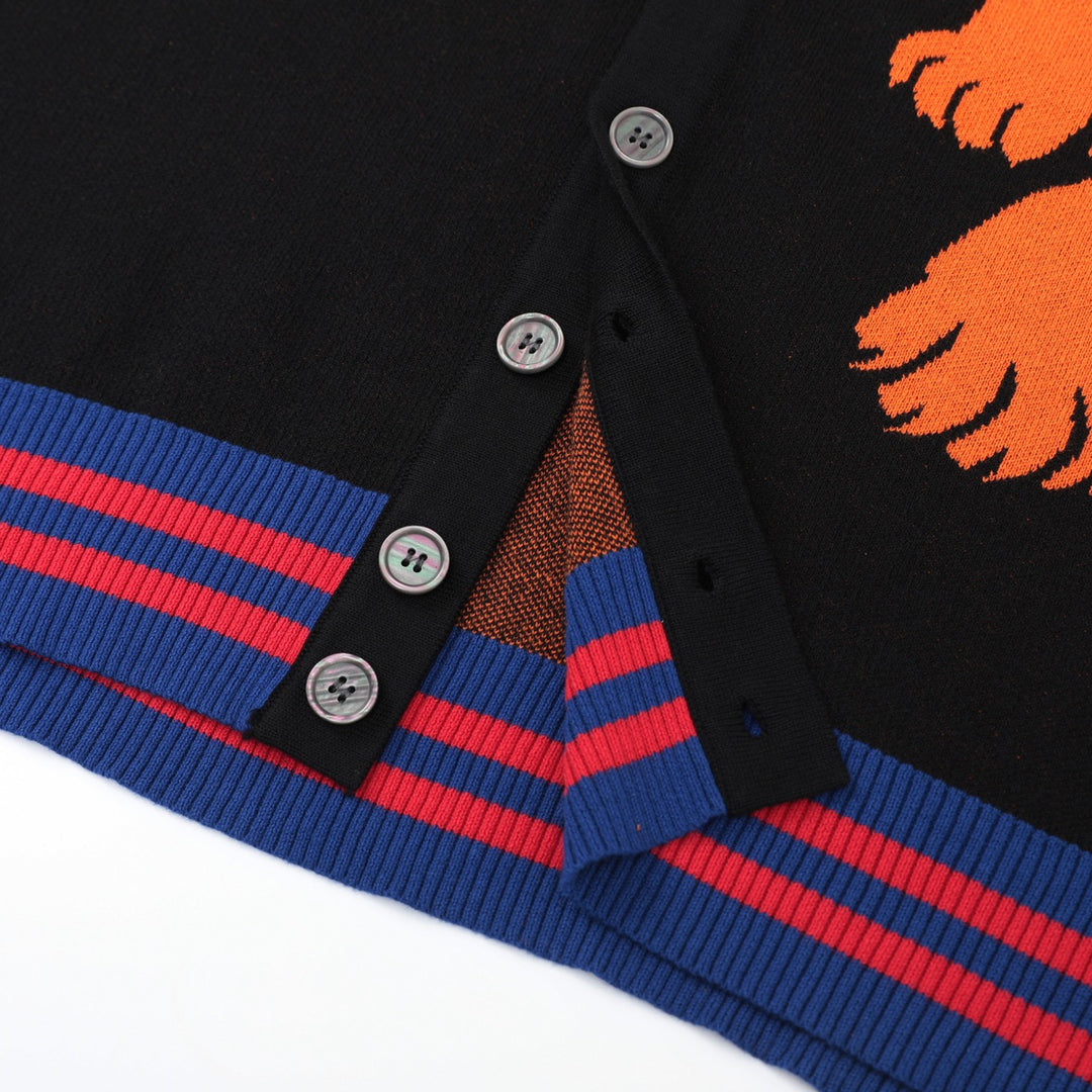 Herre Sort 70-talls Fierce Tiger Kunst Polo Strikket Cardigan