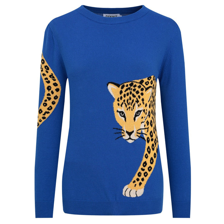 Women's Blue Vintage Wild Animal Jacquard Crew Neck Knit Sweater