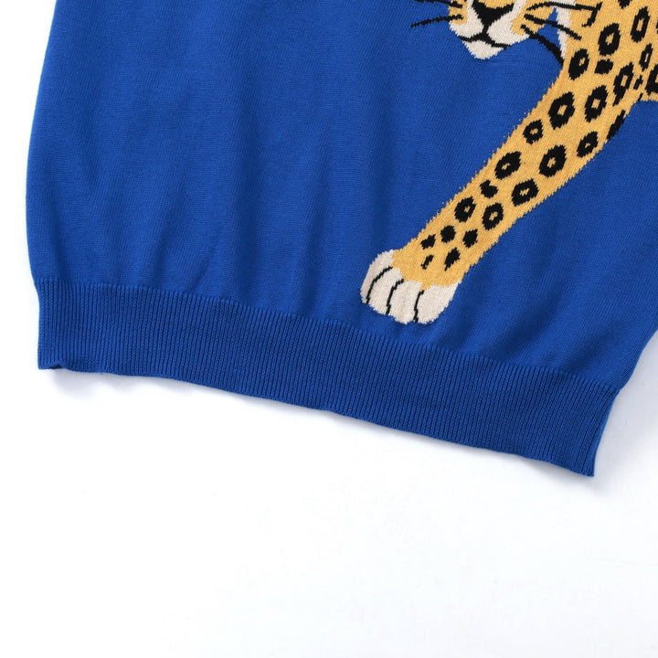 Women's Blue Vintage Wild Animal Jacquard Crew Neck Knit Sweater
