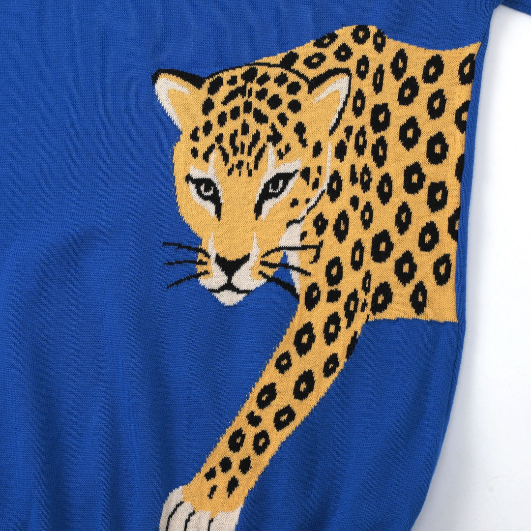 Women's Blue Vintage Wild Animal Jacquard Crew Neck Knit Sweater
