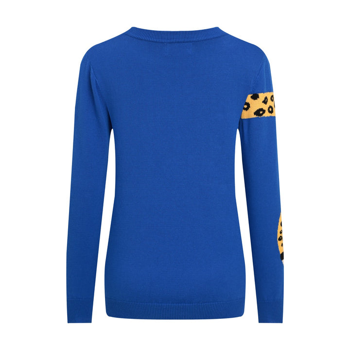 Women's Blue Vintage Wild Animal Jacquard Crew Neck Knit Sweater