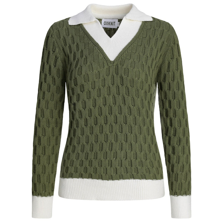 Women's Green Vintage Collegiate Old Money Faux Layered Polo Knit Sweater