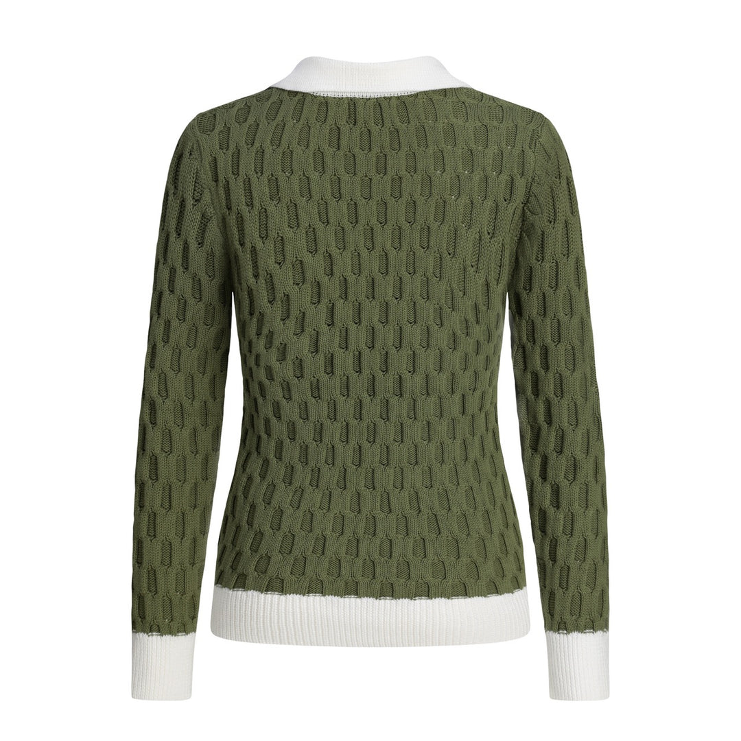 Women's Green Vintage Collegiate Old Money Faux Layered Polo Knit Sweater