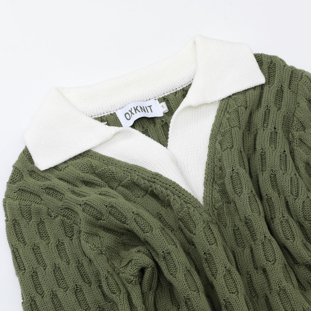 Women's Green Vintage Collegiate Old Money Faux Layered Polo Knit Sweater