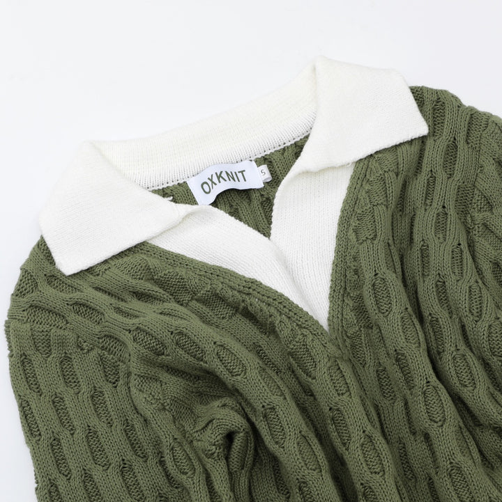 Women's Green Vintage Collegiate Old Money Faux Layered Polo Knit Sweater