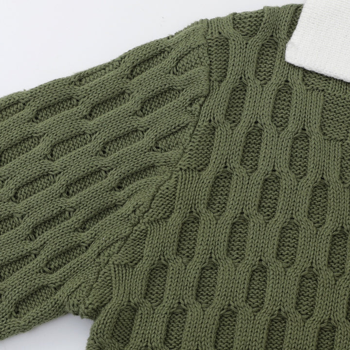 Women's Green Vintage Collegiate Old Money Faux Layered Polo Knit Sweater