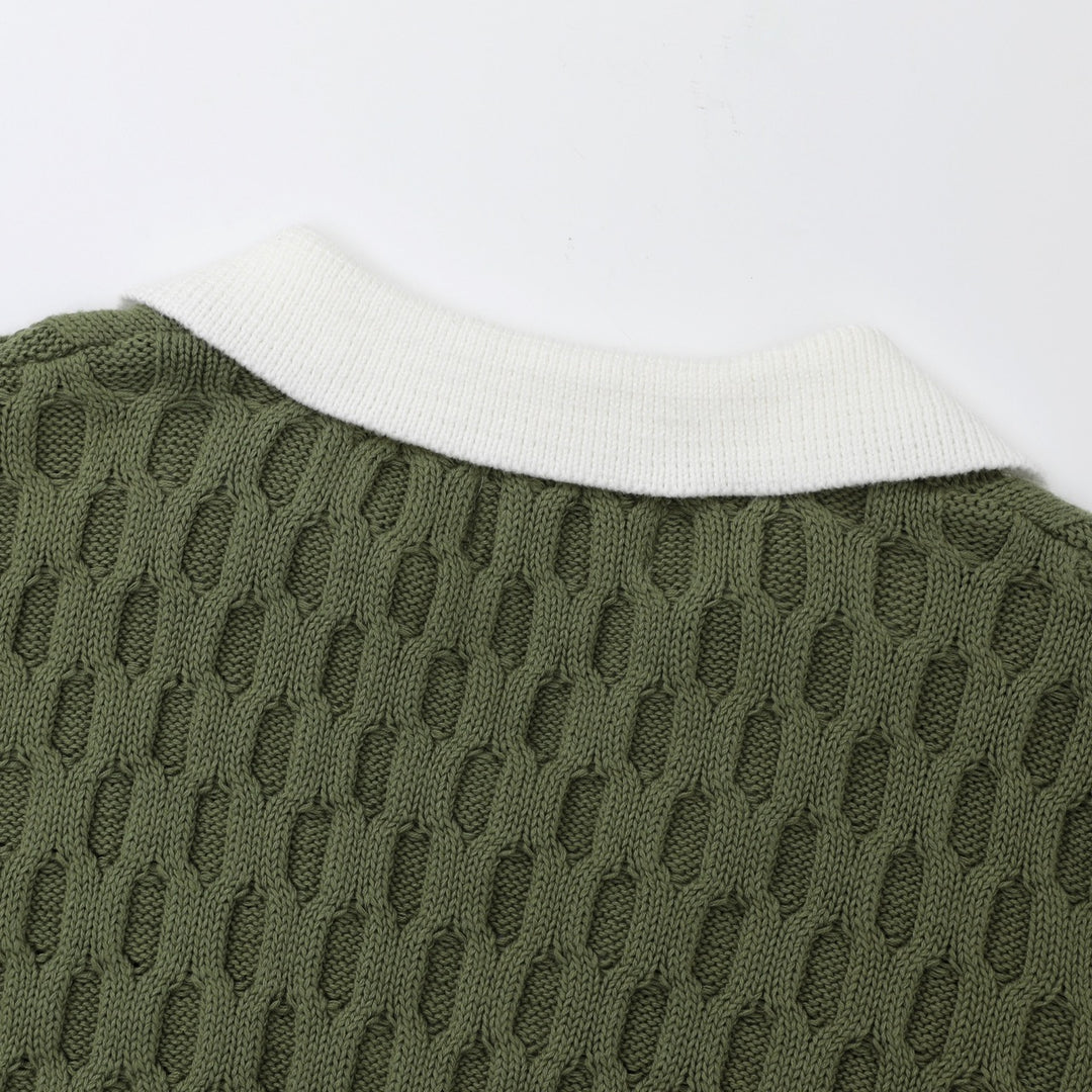 Women's Green Vintage Collegiate Old Money Faux Layered Polo Knit Sweater