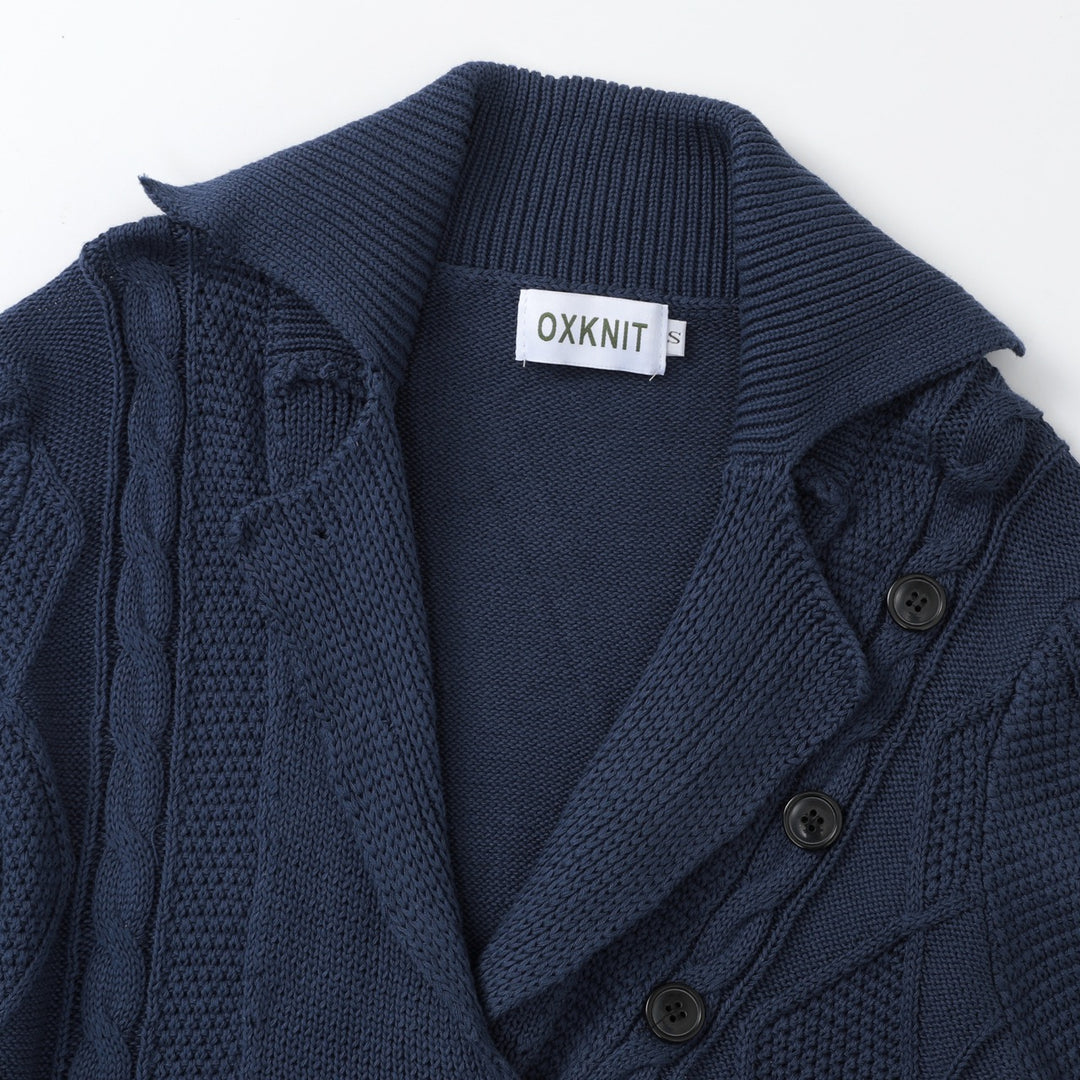 Women's Navy Blue Vintage Button-Up Cable Knit Collared Cardigan