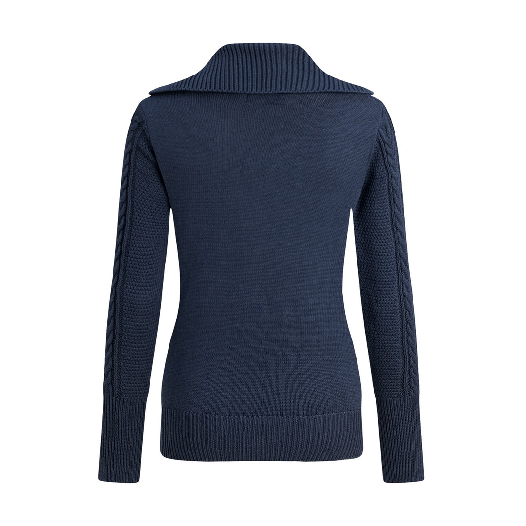 Women's Navy Blue Vintage Button-Up Cable Knit Collared Cardigan