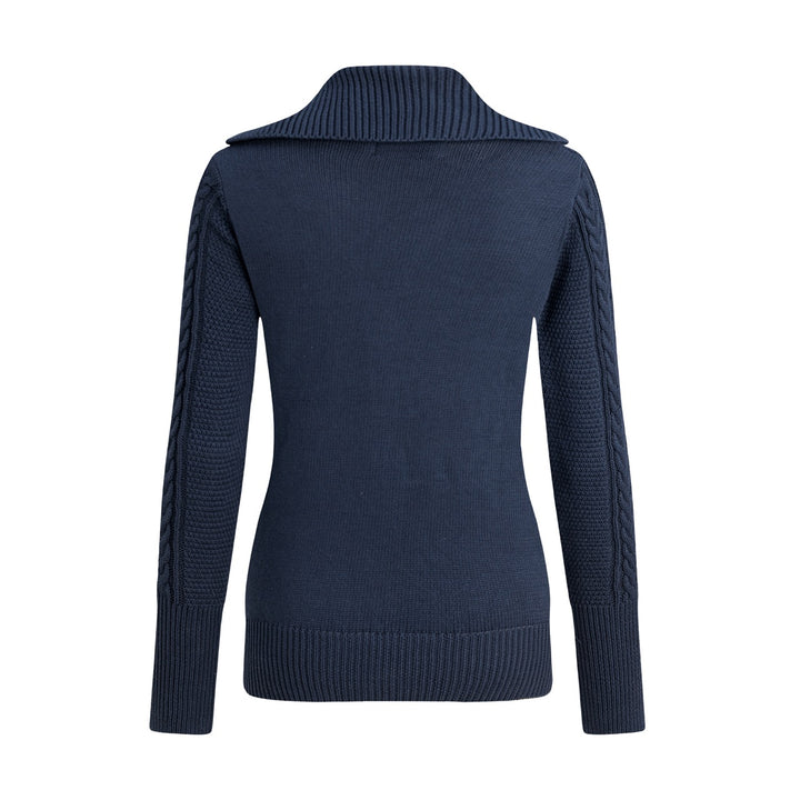 Women's Navy Blue Vintage Button-Up Cable Knit Collared Cardigan