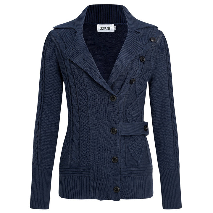 Women's Navy Blue Vintage Button-Up Cable Knit Collared Cardigan