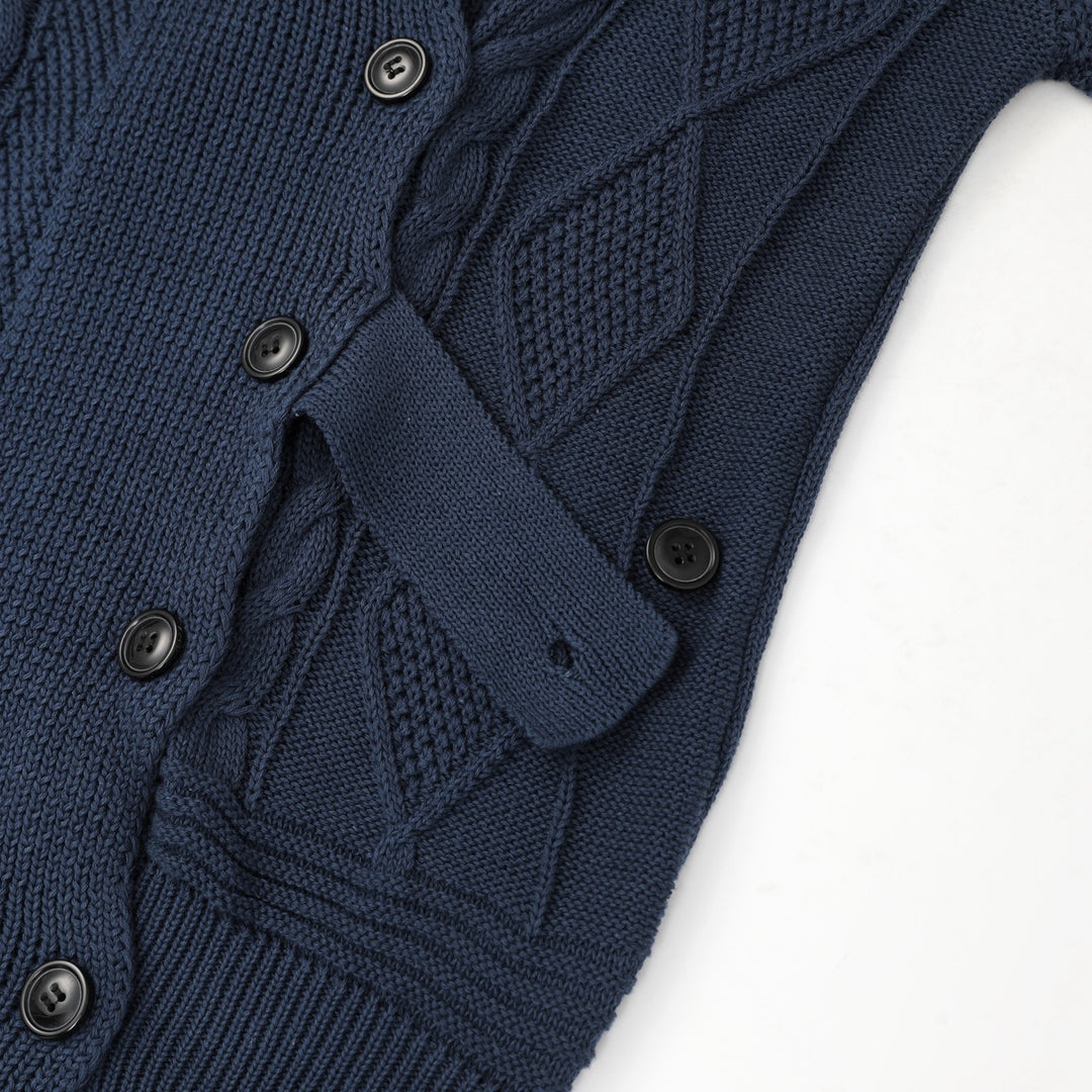 Women's Navy Blue Vintage Button-Up Cable Knit Collared Cardigan