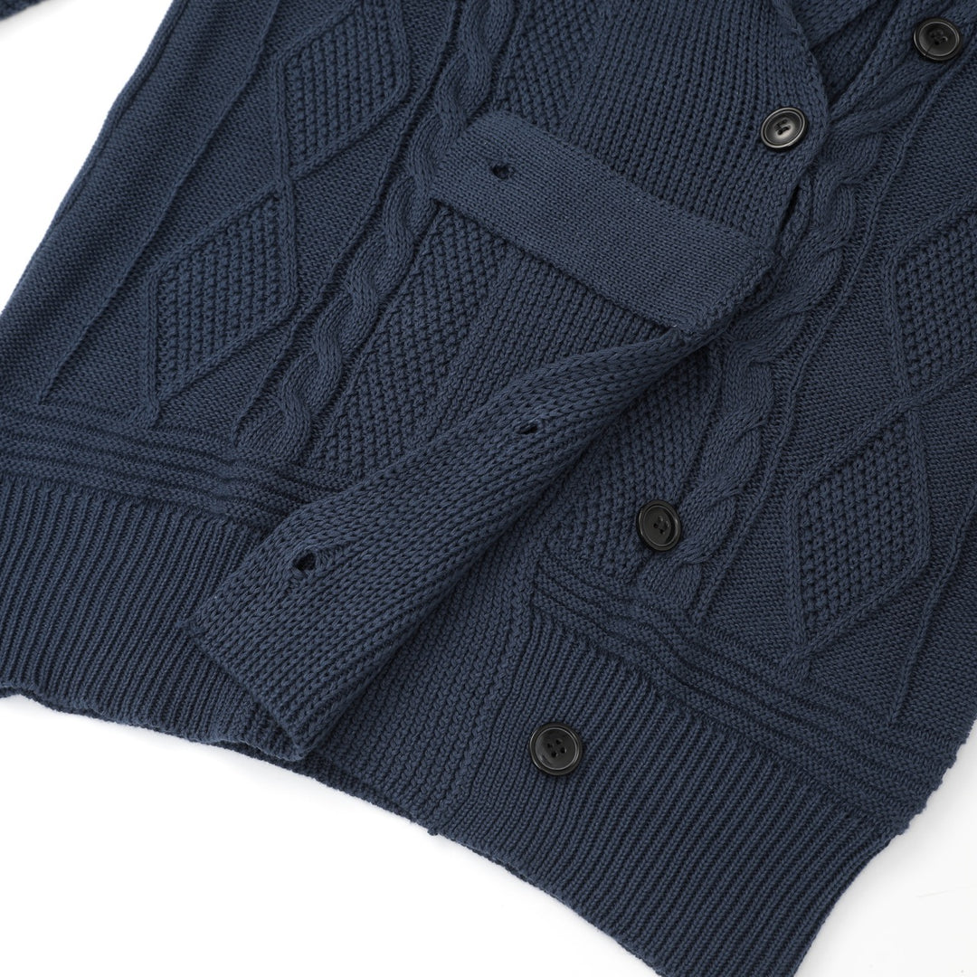 Women's Navy Blue Vintage Button-Up Cable Knit Collared Cardigan