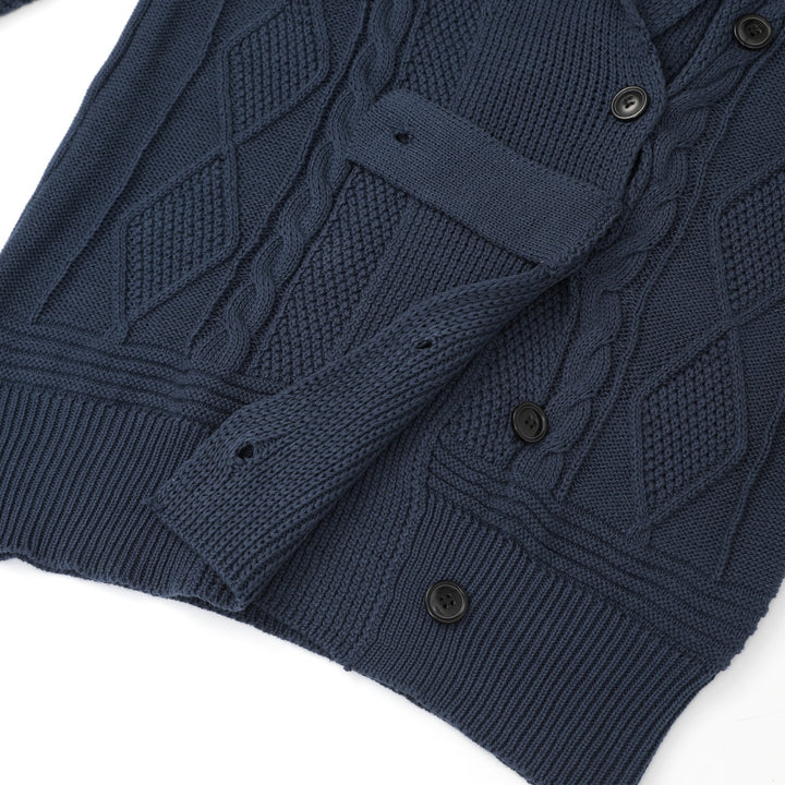 Women's Navy Blue Vintage Button-Up Cable Knit Collared Cardigan