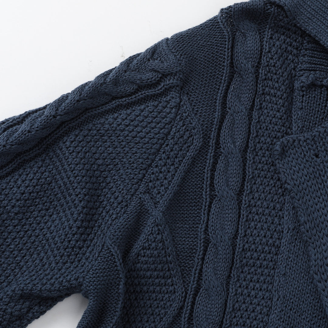 Women's Navy Blue Vintage Button-Up Cable Knit Collared Cardigan