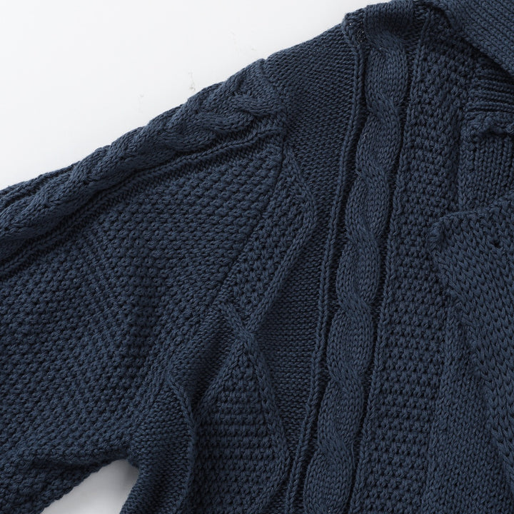 Women's Navy Blue Vintage Button-Up Cable Knit Collared Cardigan
