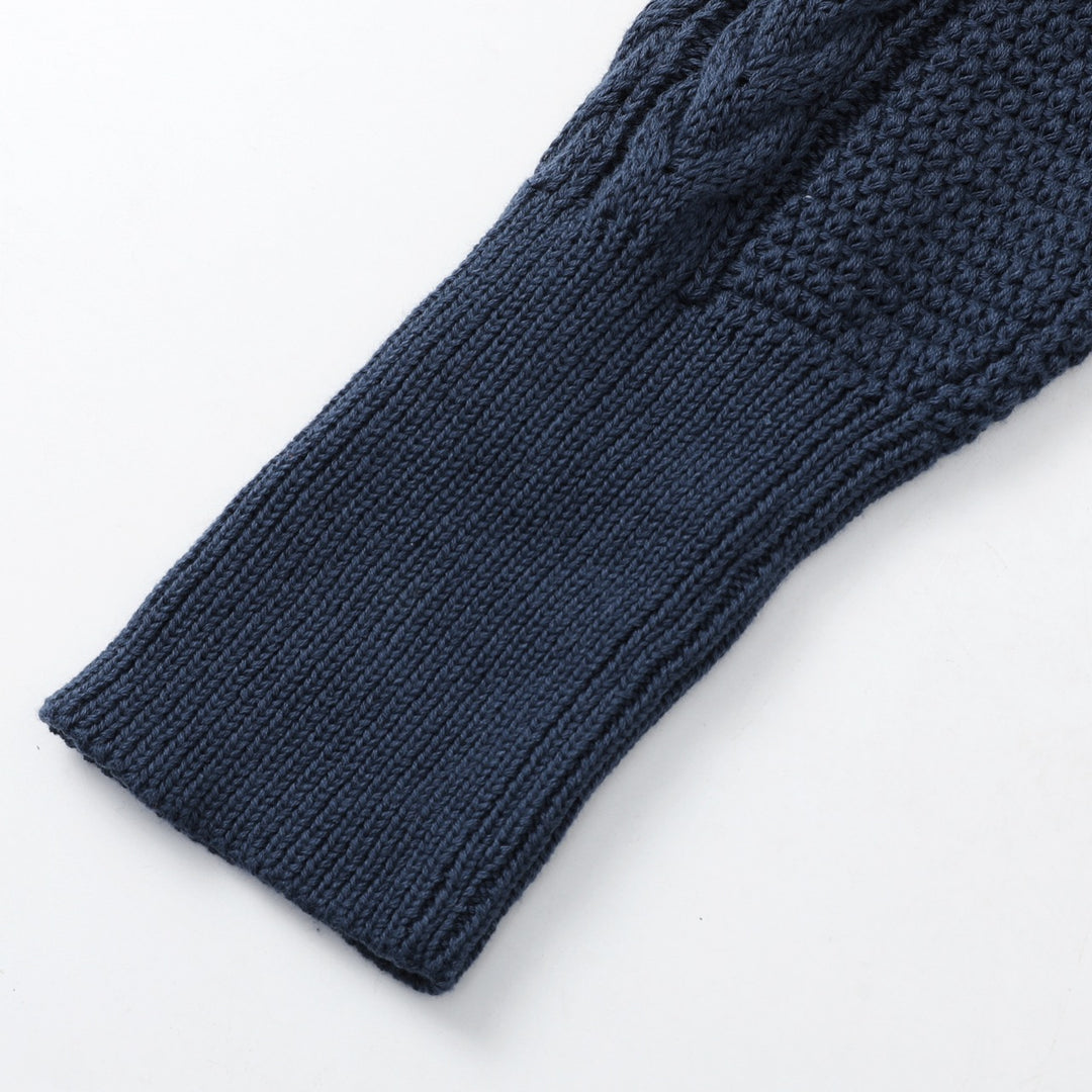 Women's Navy Blue Vintage Button-Up Cable Knit Collared Cardigan