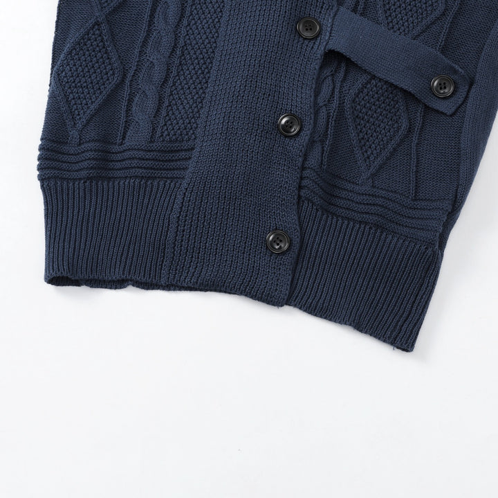 Women's Navy Blue Vintage Button-Up Cable Knit Collared Cardigan