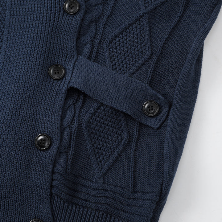 Women's Navy Blue Vintage Button-Up Cable Knit Collared Cardigan