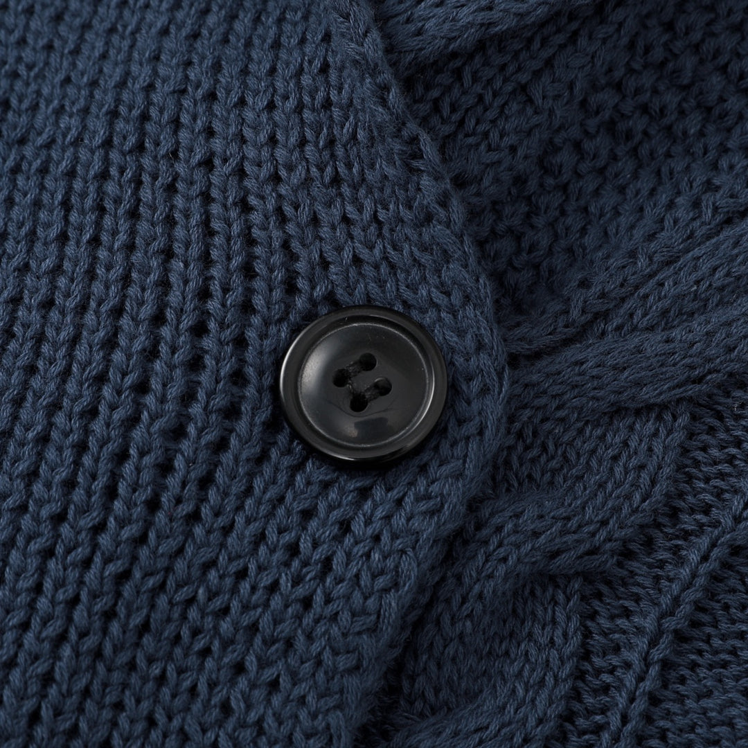 Women's Navy Blue Vintage Button-Up Cable Knit Collared Cardigan