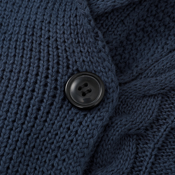 Women's Navy Blue Vintage Button-Up Cable Knit Collared Cardigan