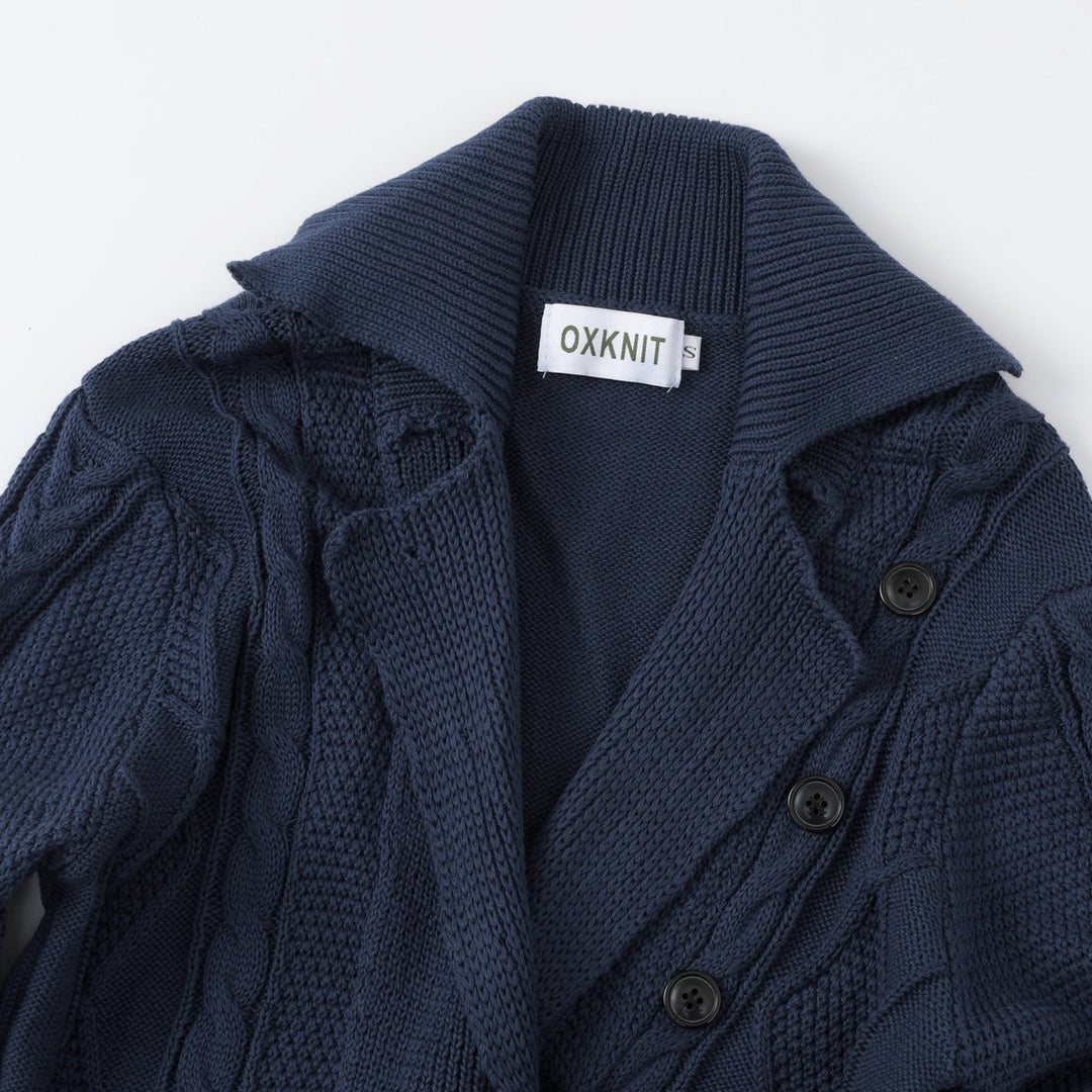 Women's Navy Blue Vintage Button-Up Cable Knit Collared Cardigan