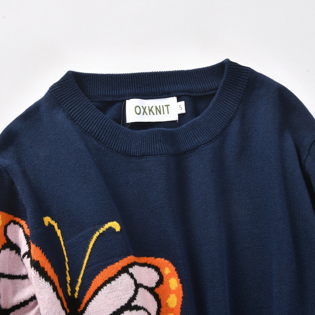 Dame Navyblå 60'er Mod Sommerfugl Jacquardstrikket Sweater