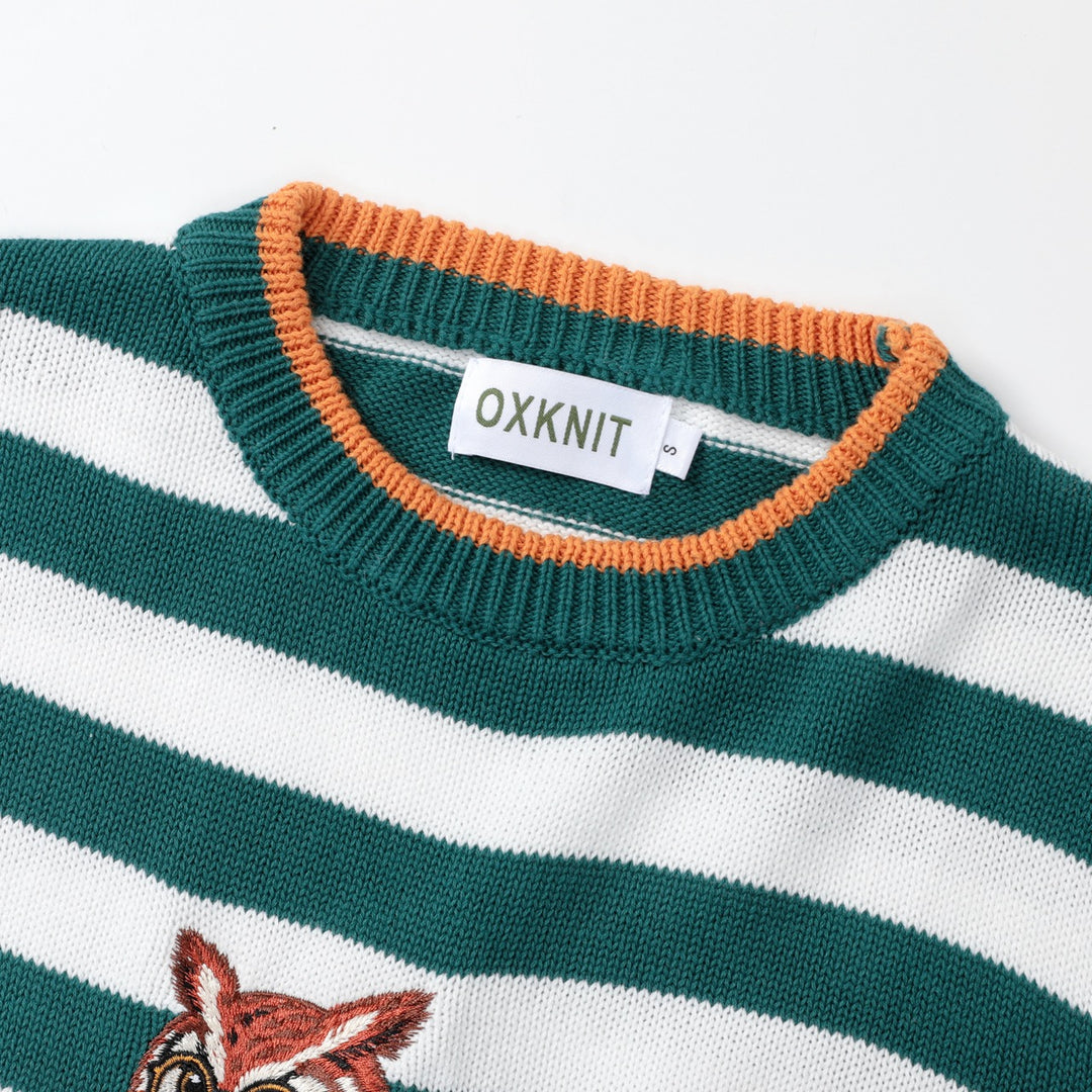 Women's Green Vintage Collegiate Fun Animal Embroidered Knit Sweater