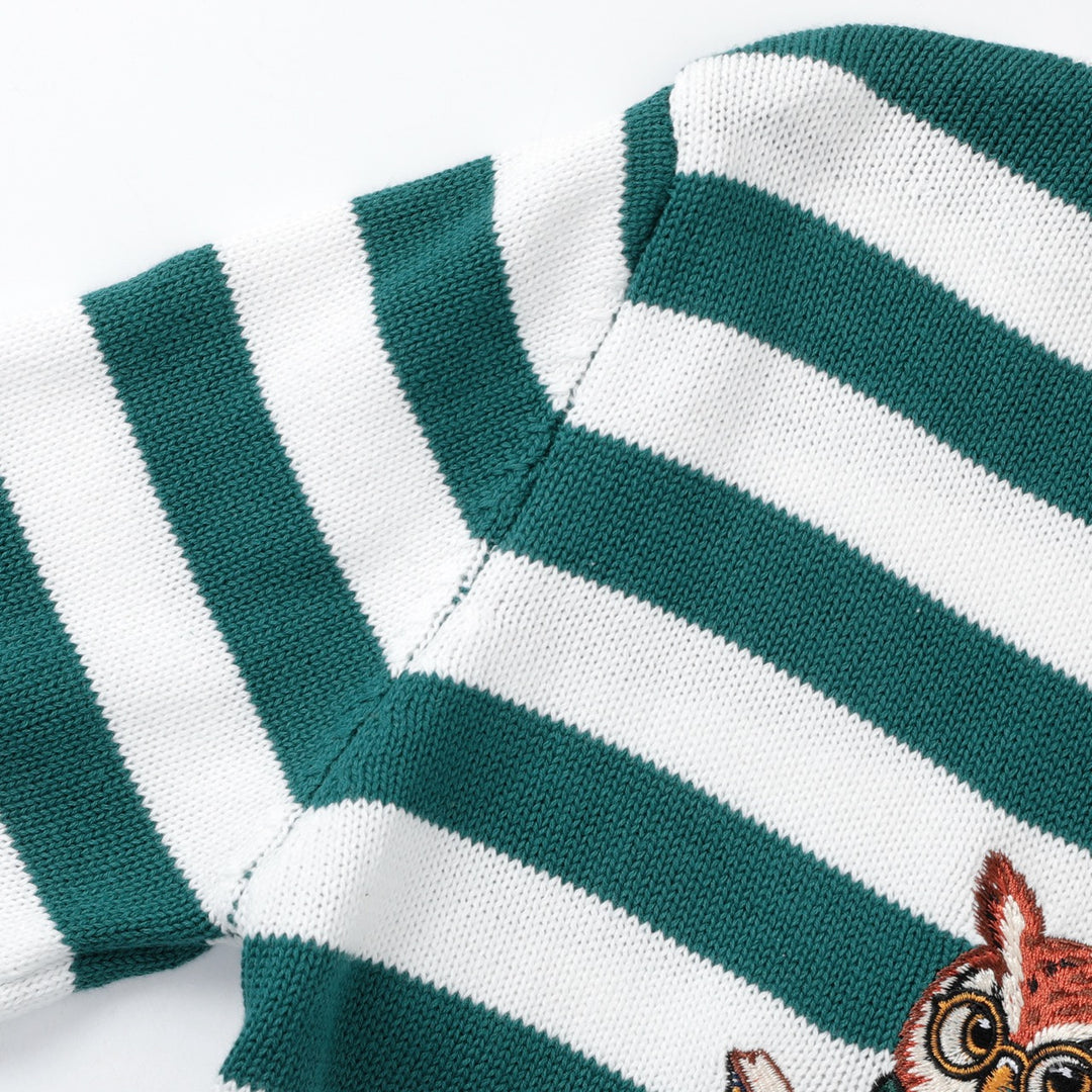 Women's Green Vintage Collegiate Fun Animal Embroidered Knit Sweater