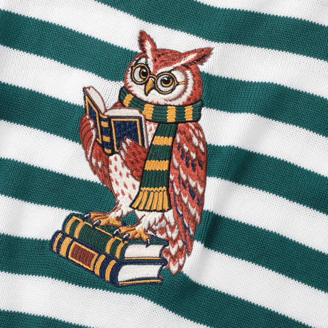 Women's Green Vintage Collegiate Fun Animal Embroidered Knit Sweater