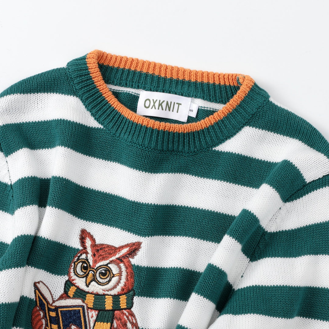Women's Green Vintage Collegiate Fun Animal Embroidered Knit Sweater