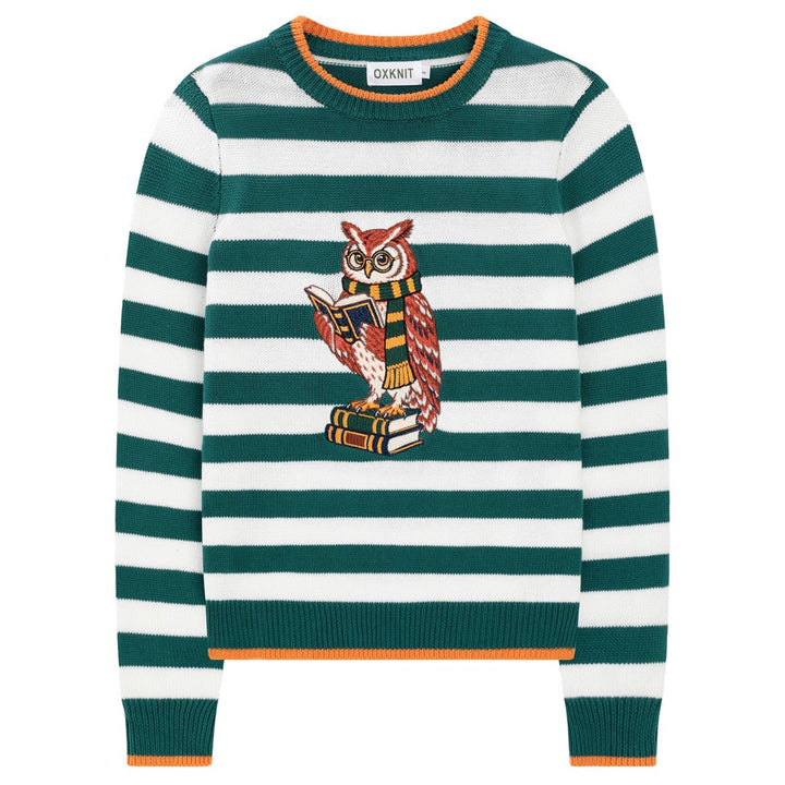 Women's Green Vintage Collegiate Fun Animal Embroidered Knit Sweater