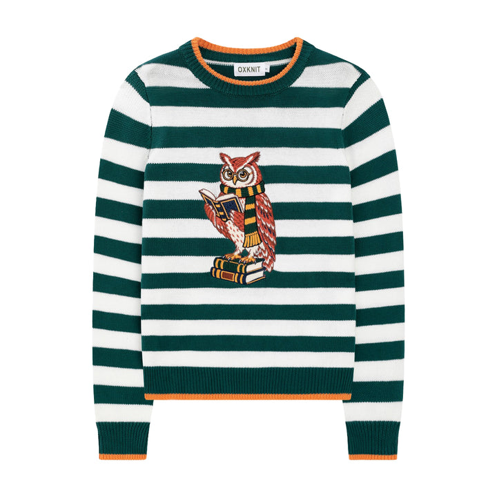 Women's Green Vintage Collegiate Fun Animal Embroidered Knit Sweater