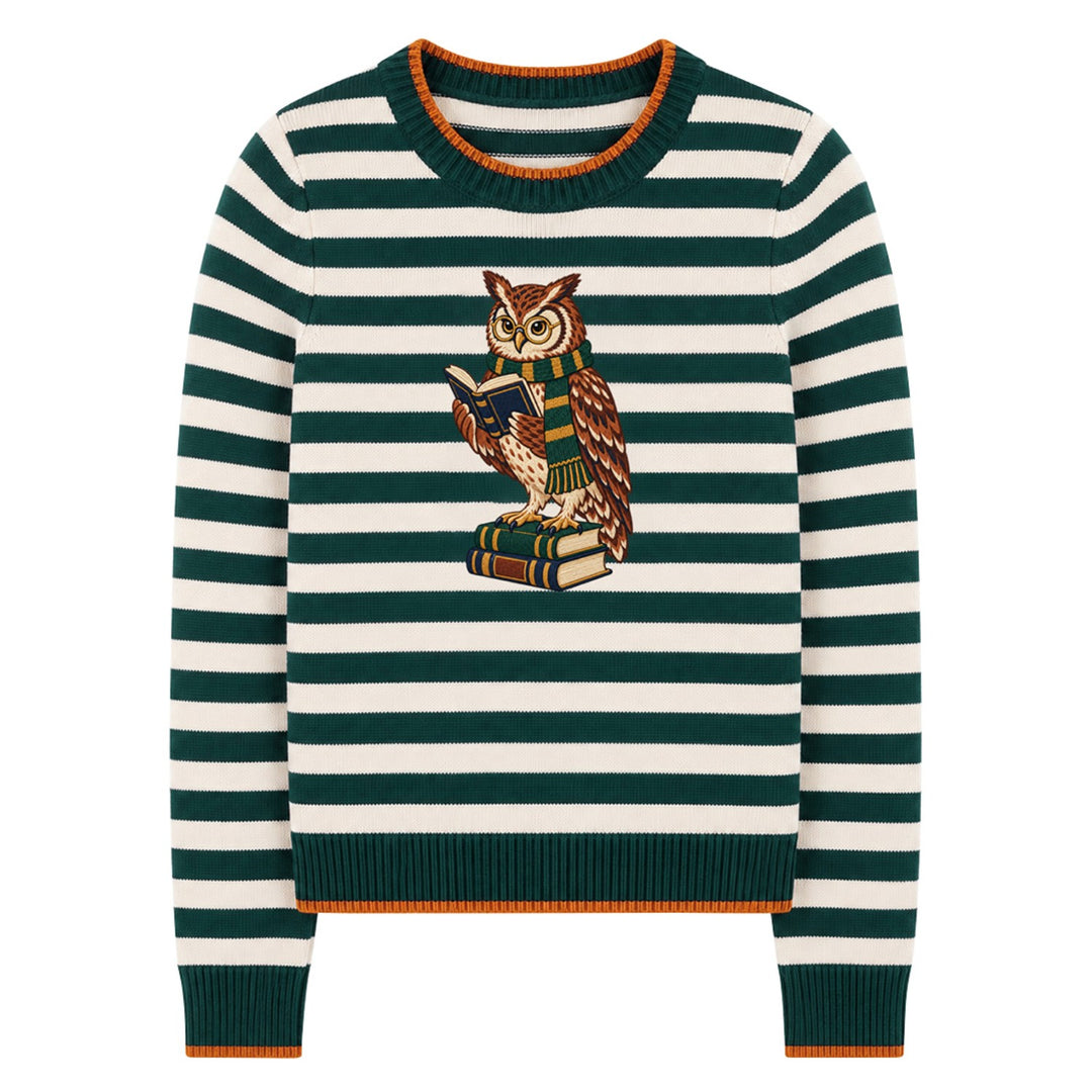 Women's Green Vintage Collegiate Fun Animal Embroidered Knit Sweater