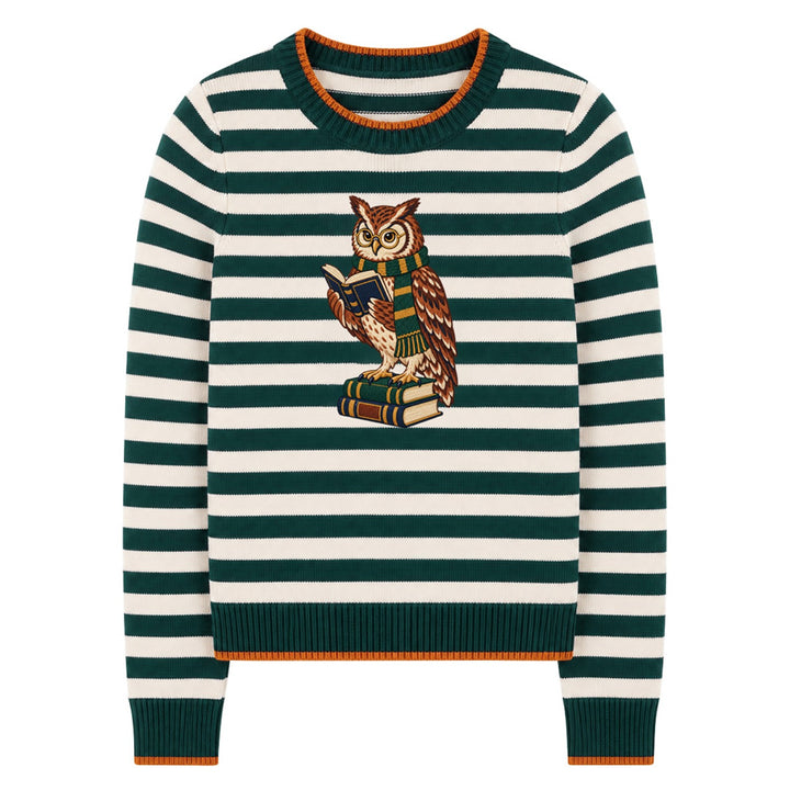 Women's Green Vintage Collegiate Fun Animal Embroidered Knit Sweater
