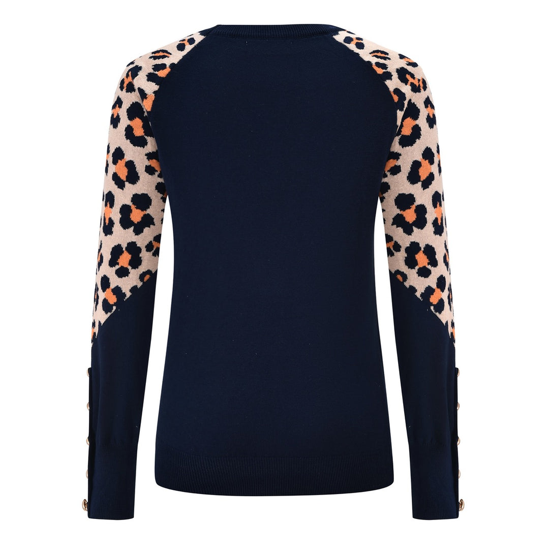 Pull en maille bleu marine pour femme à imprimé léopard des années 70 avec boutons contrastants