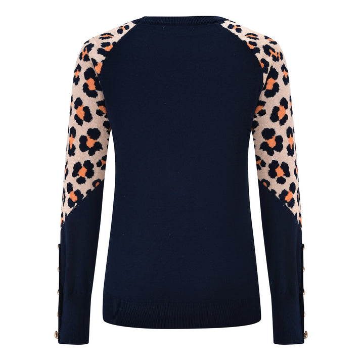 Pull en maille bleu marine pour femme à imprimé léopard des années 70 avec boutons contrastants