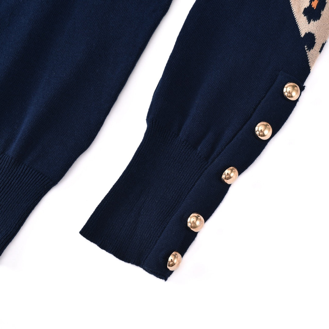 Pull en maille bleu marine pour femme à imprimé léopard des années 70 avec boutons contrastants
