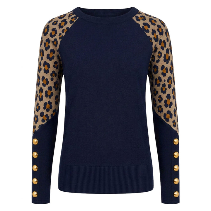 Maglione da donna blu navy anni '70 con stampa leopardata e bottoni a contrasto