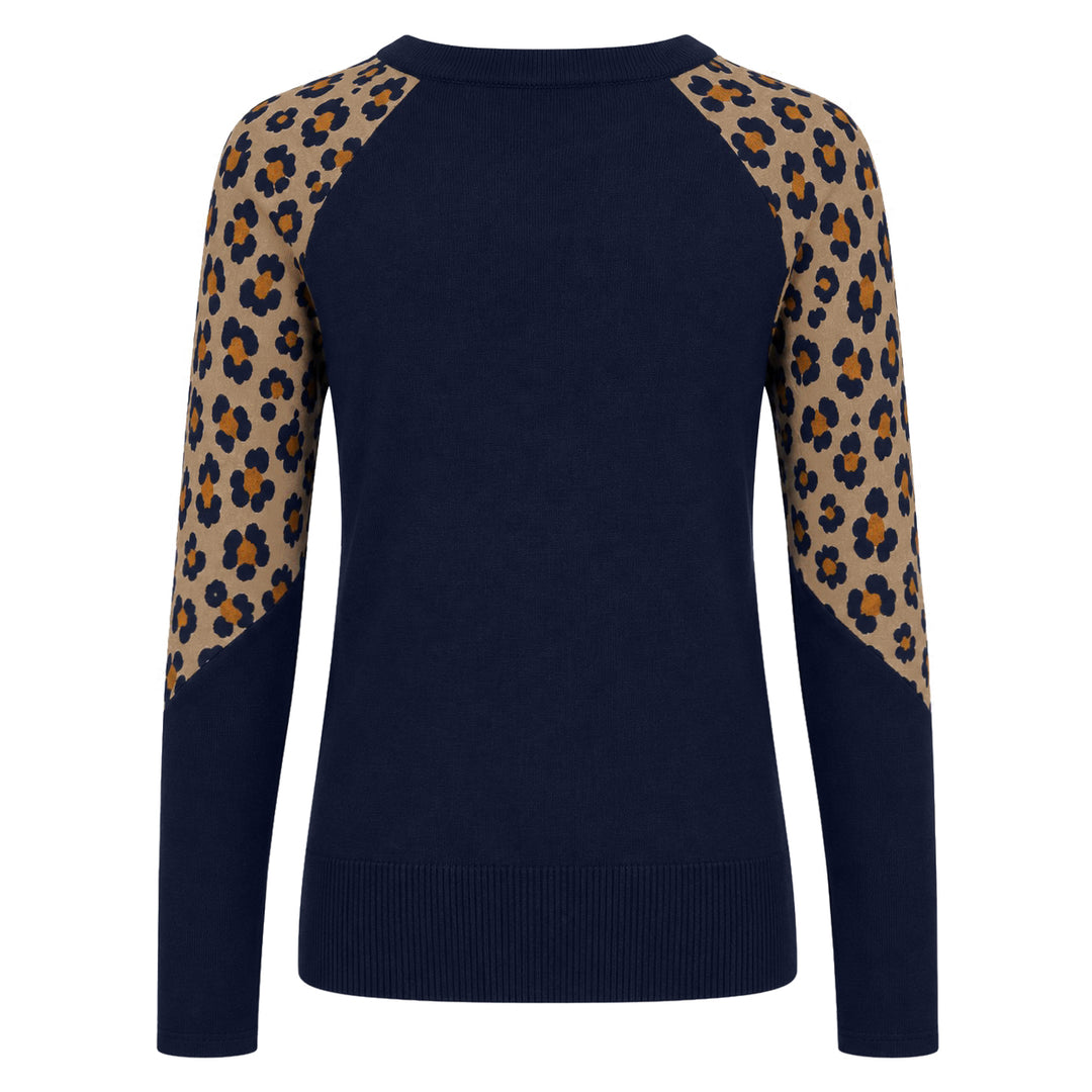 Maglione da donna blu navy anni '70 con stampa leopardata e bottoni a contrasto