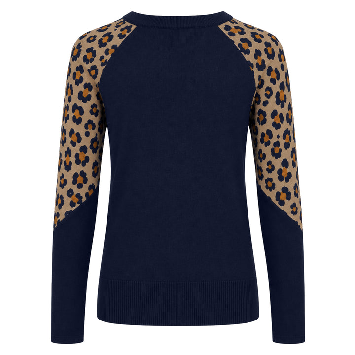 Maglione da donna blu navy anni '70 con stampa leopardata e bottoni a contrasto